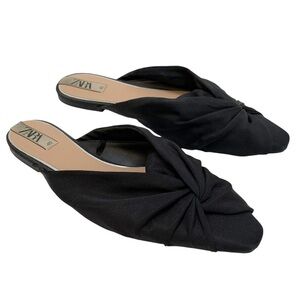 Zara Grosgrain Ribbon Twist Bow Mule Flats Size 40 Black Slip On US 9.5